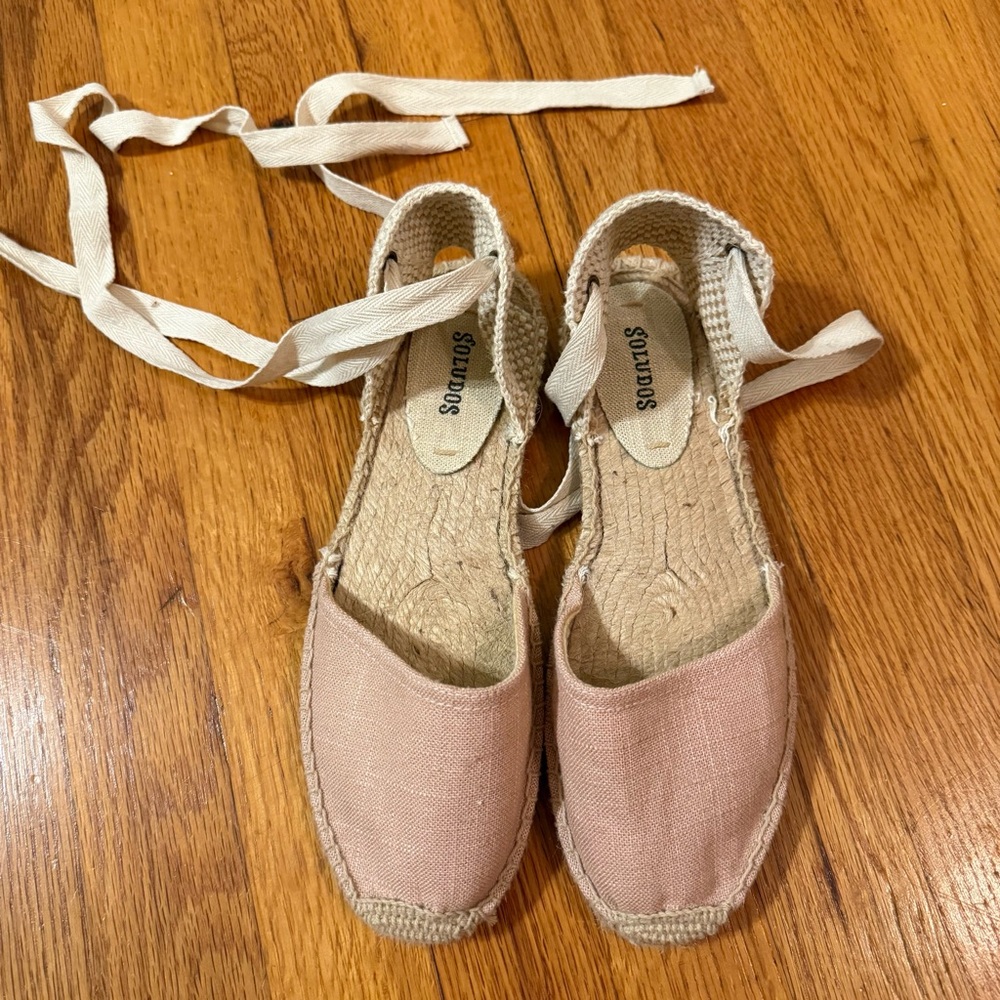 Soludos Pink/Blush Color Flat Espadrille Ankle Wrap Sandal